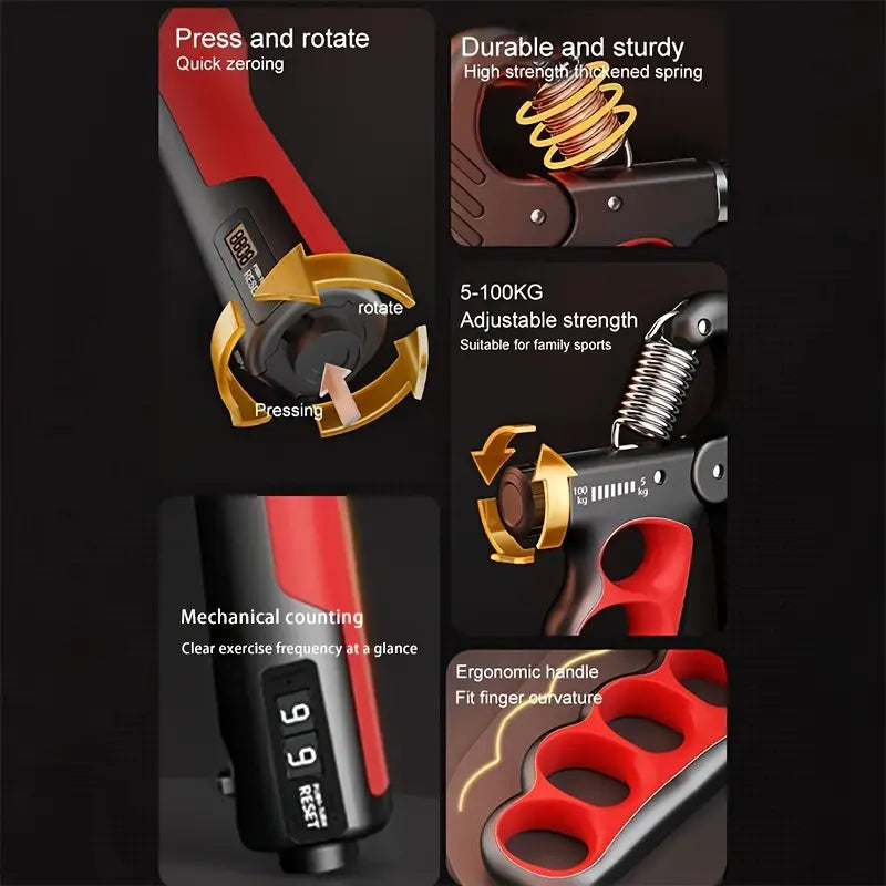 Adjustable Hand Grip Strengthener – 5-100kg Mechanical Counting Gripper, Forearm and Wrist Trainer for Gym, Fitness & Rehab